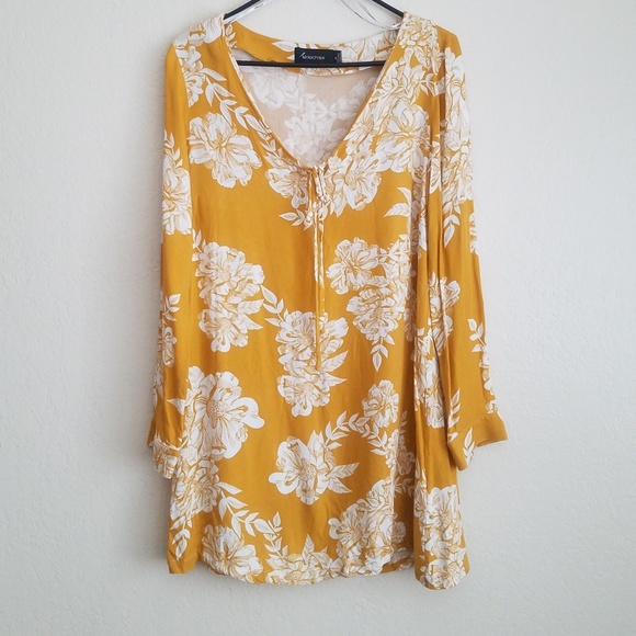 MINKPINK Tops - MINKPINK | Mustard Tie Front Floral Tunic Dress